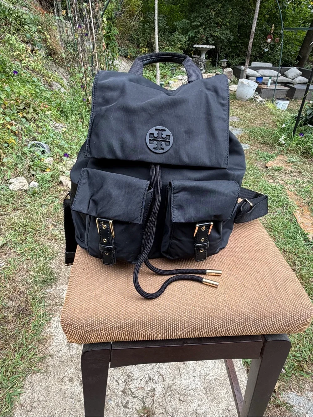 Tory Burch Black Nylon Backpack with Front Pockets Gold hardware Front logo